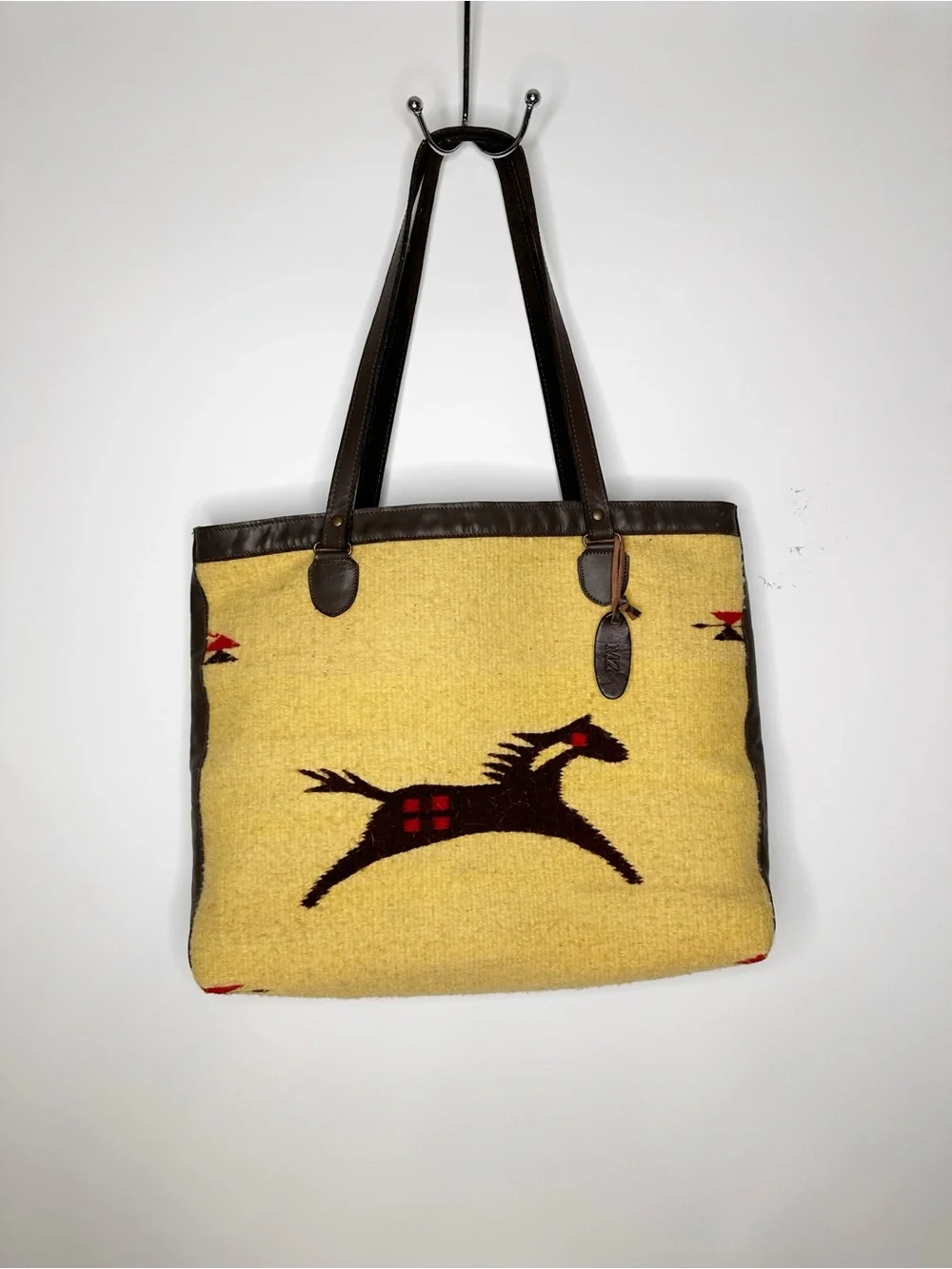 Manos Zapotecas Handwoven Yellow Horse Motif Tote Bag with Brown Leather Trim
